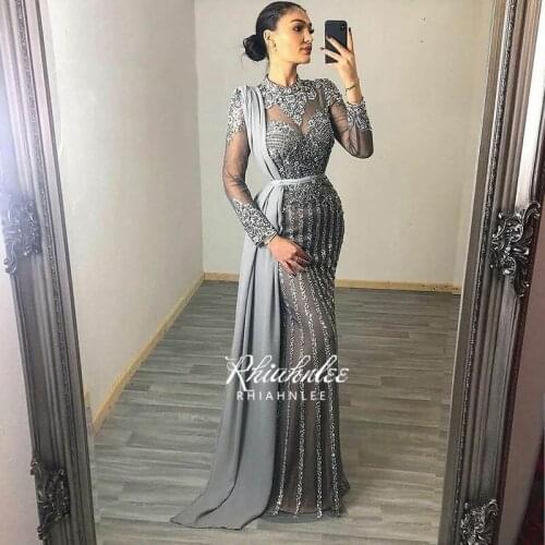 Grey Long Sleeve Luxury Beading Muslim Evening Dresses High Neckline Mermaid Party Gowns Rhiahnlee