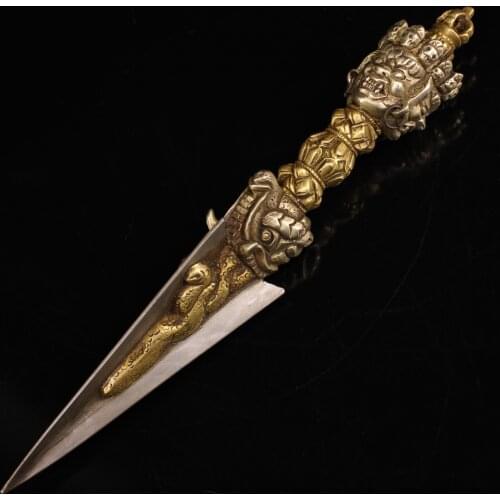 Tibet Buddhism Old Bronze Gilt silver mosaic Cold iron Three-sided Mahakala Head Statue Dorje Vajra Phurpa Exorcism Town House