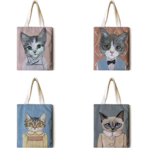 Mr. and Ms. Cat Leisure One-shoulder Shopping Bag Cotton and Linen Printed Eco Bag Large Capacity Tote Bag