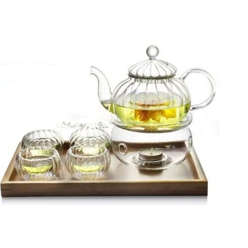 5PCS/LOT High temperature resistant Glass pumkin Teapot 600ml+4 Double Wall Glass Tea Cups 50ml, Set without Warmer JO 1052