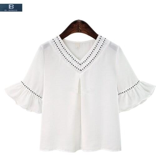 [EL BARCO] Cotton Linen Chiffon Blouse Shirts Women Summer V-Neck Short Flare-Sleeve White Female Casual Tops Blusa Plus Size