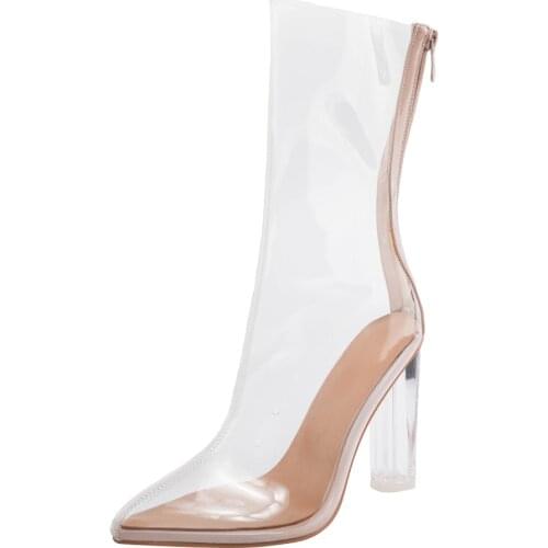 ARQA 2021 Womens Clear Sandals PVC Transparent Block Heels High Shaft Zip Pointed Toe With Holes Casual Shoes for Women Summer