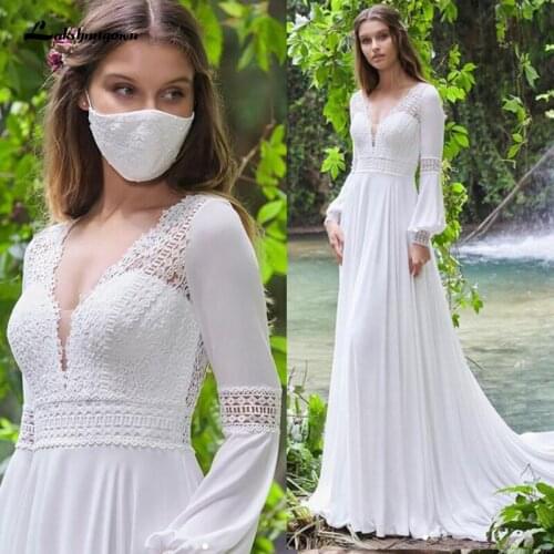 Sexy Long Sleeve Wedding Dress 2021 A-Line V Neck Lace Backless Chiffon Bridal Gown For Women Floor Length