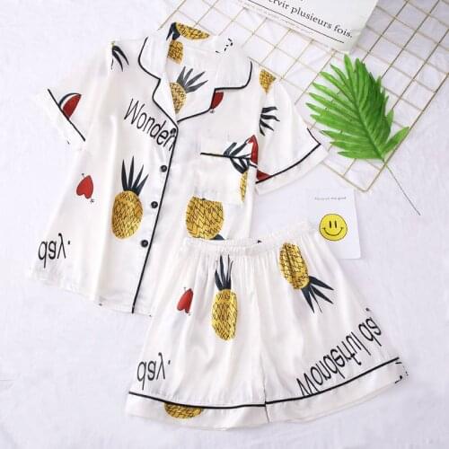 Tropical Print Satin Pajama Set Harajuku Womens Clothing Pyjamas Suit Female Short Sleeve Pocket Casual Sleepwear 2020