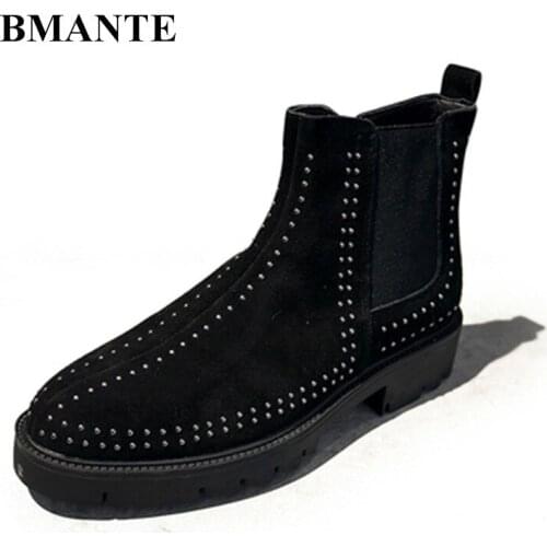 Bmante Mens Boots Genuine Leather Rivet Plus velvet Trainers Ankle Snow Shoes Gothic High Street Winter Boots For Men Chelsea
