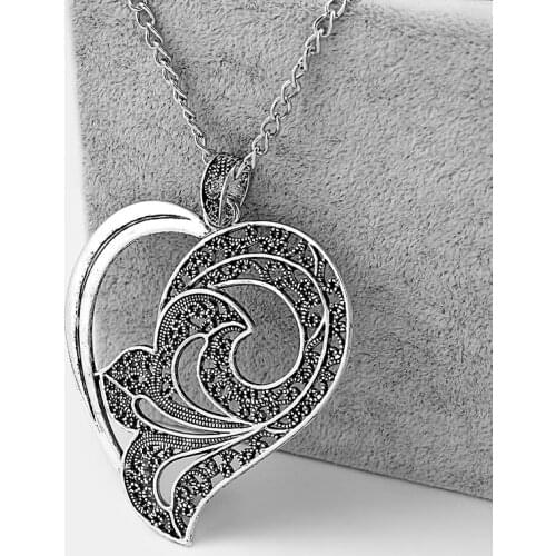 1PCS Tibetan Tone Large Hollow Filigree Heart Charm Pendant Lagenlook Chain Necklace