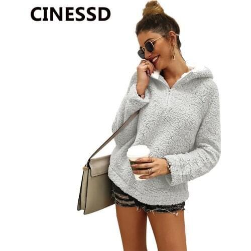 CINESSD Women Hooded Sweatshirts Hoodies Solid Long Sleeves Zipper Casual Loose Pullover Tops Autumn Winter Tunic Hoodie Coats