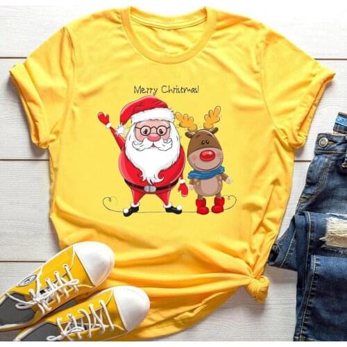 Funny Santa and Reindeer Printed Christmas Yellow T Shirt Women Fashion Graphic Short Sleeve Colorful Tee Shirts Unisex Tops