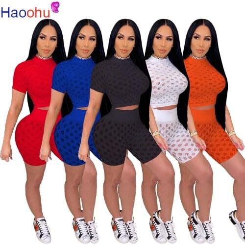 HAOOHU Gauze Hollow Out Womens Set Outfit Acitve Mini Tee Tops and Shorts Two Piece Set Sexy Sport Fashion Tracksuit Sweatsuit