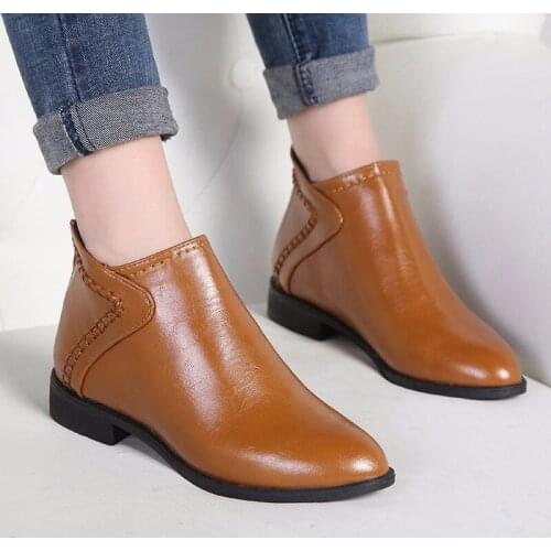 2020 Fashion Women Boots Casual Leather Low High Heels boots Woman Pointed Toe Rubber Ankle Boots Black and Dark Brown O4-35