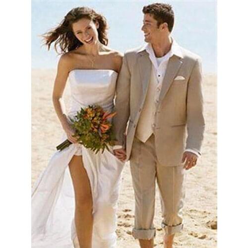 ANNIEBRITNEY Beige 2 Piece Men Slim Fit Business Linen Summer Suit 2020 Summer Groom Wedding Tuxedo Tailor Made Casual Men Suit