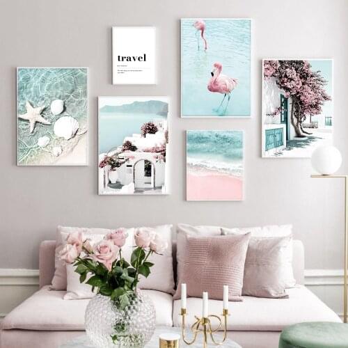 Pink Beach Flamingo Travel Landscape Wall Art Canvas Painting Nordic Posters And Prints Wall Pictures For Living Room Home Decor