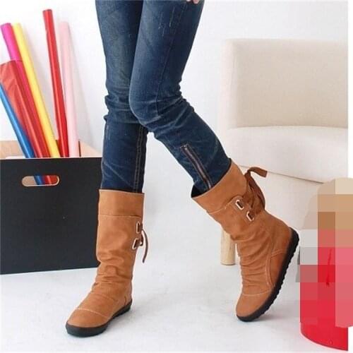 2020Newest Winter Boots New Women Fashion Boots Ladies Shoes with Lace-up Mid-Calf Solid Flat Heels PU Boots Mujer Snow Boots