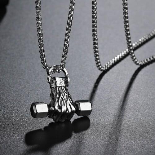 Classic new hand grab dumbbell mens Necklace Alloy pendant fitness equipment dumbbell Stainless steel necklace Jewelry Gift