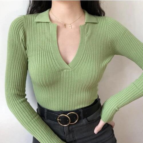 2021 spring and autumn new Lapel slim womens knitting sweater