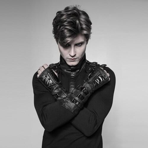 PUNKRAVE Mens Punk Metal Gloves Micro-Elastic Crack Knit Leather Stitching Stage Performance Long Black Gloves