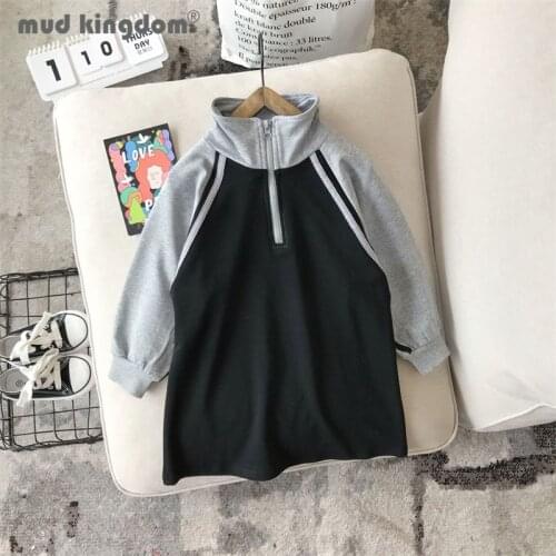 Mudkingdom Girl Sweatshirts Dress Zipper Pullover Patchwork Long Sleeve Straight Casual Dresses for Girls Fashion Spring Autumn