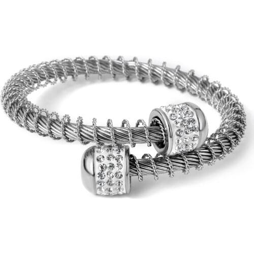 Simple Desgin Crystal Cable Wire Bangle Stainless Steel Jewelry Women Wristband Elastic Charm Cuff Bracelet Women Adjustable