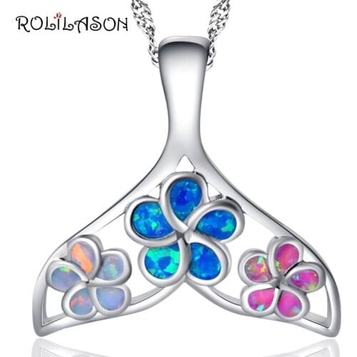 ROLILASON Fish tail Color Fire Opal Silver Stamped 925 flower Necklace Pendants for girlfriend party gift OP754