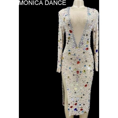 Sexy Sparkly Colorful Rhinestones Short Dress Prom Evening Birthday Wedding Split See Through Crystals Birthday Club Party Dress