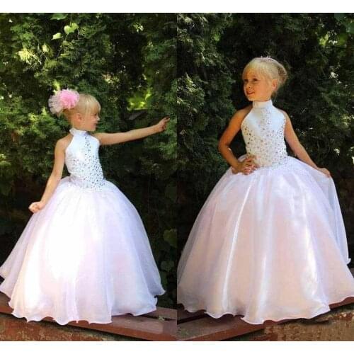Flower Girls Dresses For Weddings White Cheap High Neck Girls Pageant dresses With Colorful Rhinestone Princess party Gowns