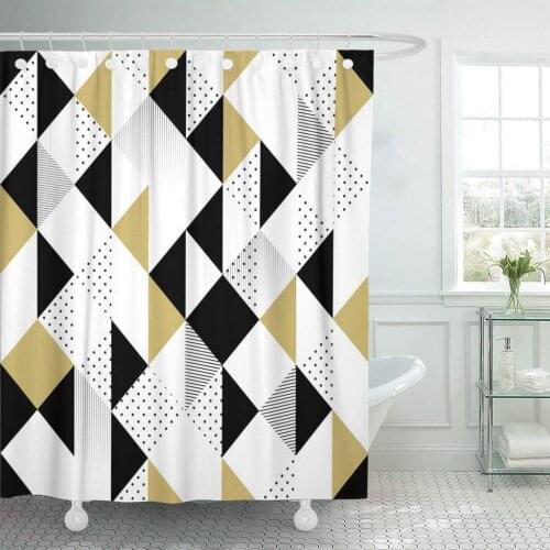 Fabric Shower Curtain with Hooks Geometric Abstract with Triangles Gold Black and White Pattern Modern Chevron Elegant