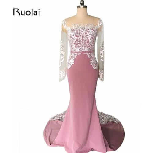 Real Photo Mermaid Evening Dresses Long Sleeve High Quality Lace Pearls Mauve Prom Dress 2019 Party Dress Robe de Soiree MD08