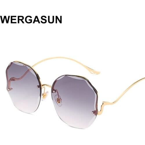 WERGASUN Brand Round Rimless Sunglasses Women Vintage Brand Designer Cat Eye sun Glasses Men Retro Small Yellow Glass UV400