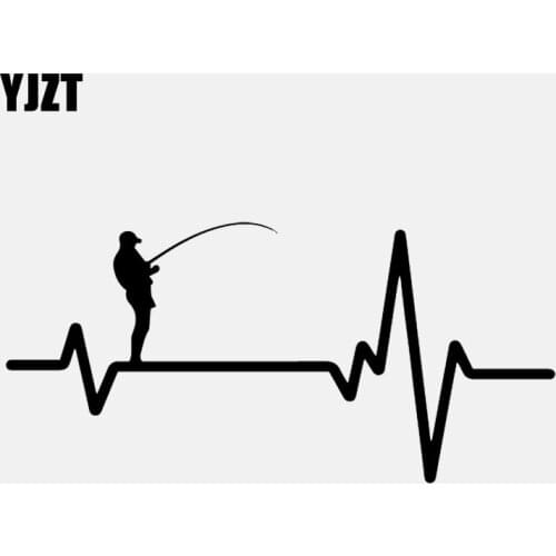 YJZT 17CM*8.1CM Decal Vinyl Car Sticker Heart Beat Line Fishing Deep Sea Man in Hat Rod Reel Lure Black/Silver C24-0708