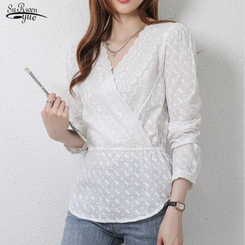 Autumn New 2021 Sexy Lace V-neck White Blouse Women Tops Lace Embroidery Clothes Solid Long Sleeve Tops Chemisier Femme 16414