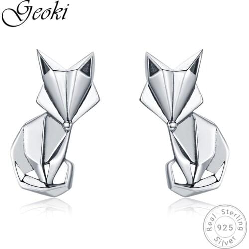 Geoki 925 Sterling Silver Cute Geometric Fox Shaped Stud Earrings S925 Original Animal Engraved Earrings Women Luxury Jewelry