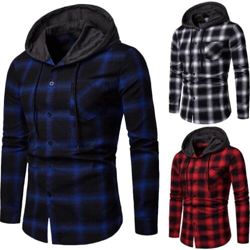 Mens Shirts New Arrrival Spring and Autumn Plaid Casual Hooded Long-sleeve Shirt