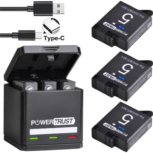 PowerTrust Battery for GoPro Hero 7 hero 6 hero 5 Black Batteries and Triple Charger for GoPro Hero7 Black Akku Action Camera