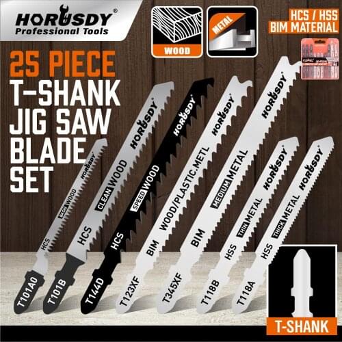 DIY hot sell 25-piece T-shank jig saw blade set wood and metal plastic box packing