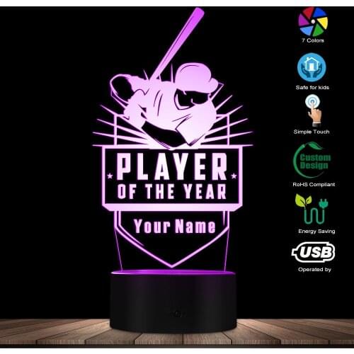 Baseball Player Of The Year 3D Optical illusion Night Light Personalised Custom Your Name Table Lamp For Teammates Coaches Gift