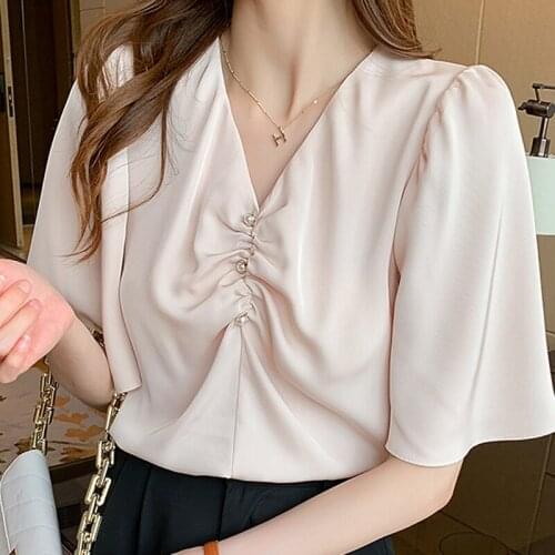 Blusas Blouses Femme Top Short Sleeve Blouse Women Blusas Mujer De Moda 2021 Beading V-Neck Chiffon Blouse Shirt Tops Women E881