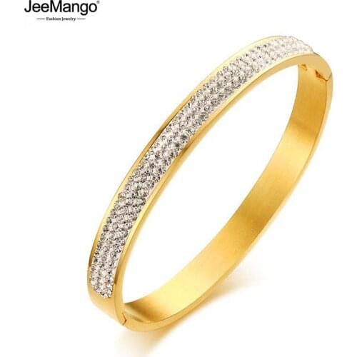 JeeMango Stainless Steel 3 Colors Cuff Bracelets & Bangles For Women Trendy 3 Rows Crystal Stone Bangle Jewelry Bilezik JB18096
