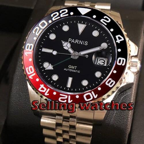 40mm PARNIS black dial Jubilee Bracele Sapphire crystal date Green GMT automatic mens watch Mechanical watches