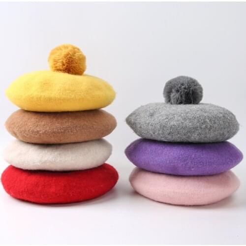 Children Pompoms Beret Hat Solid Color Octagonal Cap Girls Winter 100%Wool Painter Hats For 1-4Years kids Caps