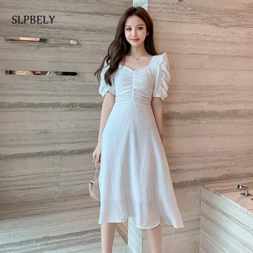 SLPBELY Women French Vintage Dress Elegant Chiffon V-Neck Puff Sleeve Shirring Dress Casual Holiday Vestidos Girl Clothing 2021