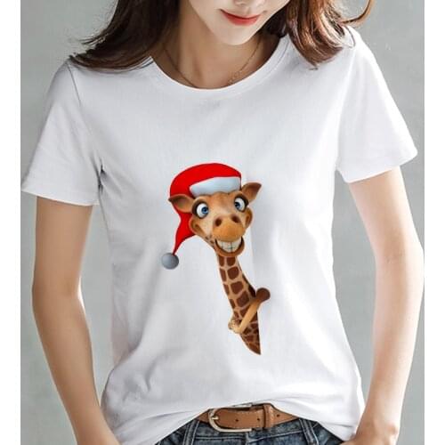 T Shirts Womens Fashion giraffe Christmas hat Print Tshirts Casual Tops Harajuku cute Tees Female T-shirts Clothing Streetwear