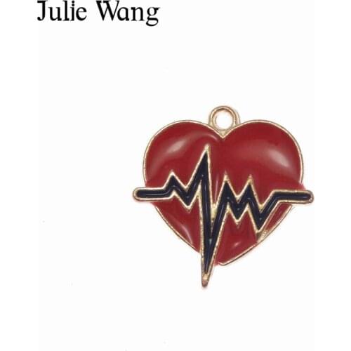 Julie Wang 10PCS Alloy Gold Base Red Enamel Lightning ECG Heart Charm For Neckalce Pendant Earrings DIY Jewelry Making Accessory