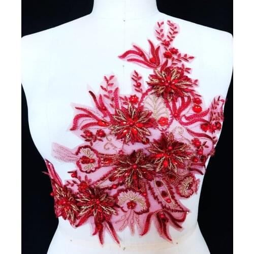 Red Three-dimensional embroider lace applique with beads rhinestones triming patches 38*26cm for dress DIY accessories