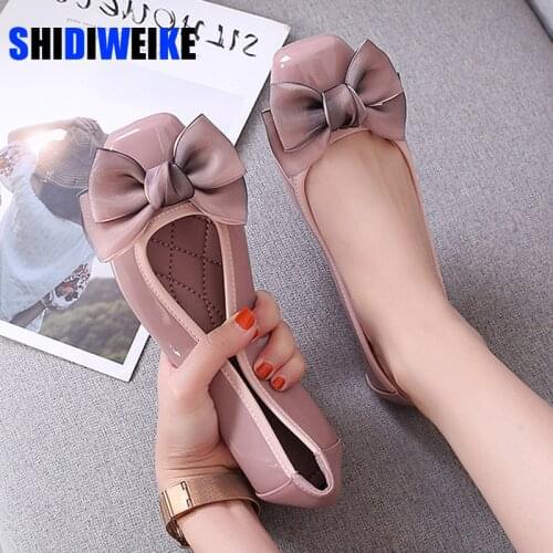 Fashion Pointed Toe Women Flats Shoes Bow Women Shoes Patent Leather Casual Single Summer Ballerina Shallow Mouth Shoes AC534