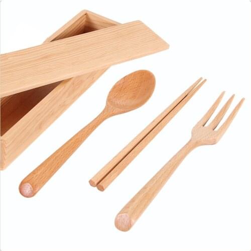 Natural Eco Friendly Biodegradable Wooden Tableware Set Gift Kitchen Accessories Gadgets Cutlery Set Chopsticks+Fork+Spoon