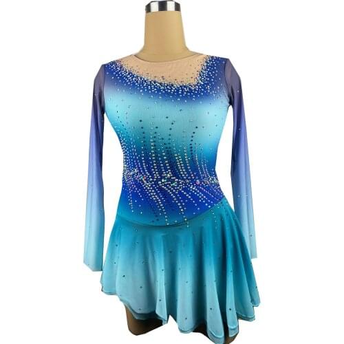 Blue Figure Skating Dress Long-Sleeved Ice Skating Skirt Spandex