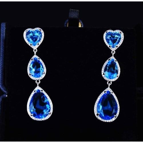 925 Silver Fashion New Long Tassel Love Exquisite Full Zircon Blue Gemstone Heart-shaped Luxury Stud Earrings For Women Jewelry