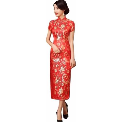 Shanghai Story Satin Chinese Traditional Clothing chinese style dresses long Cheongsam Short Sleeve Red Dragon Qipao For Women