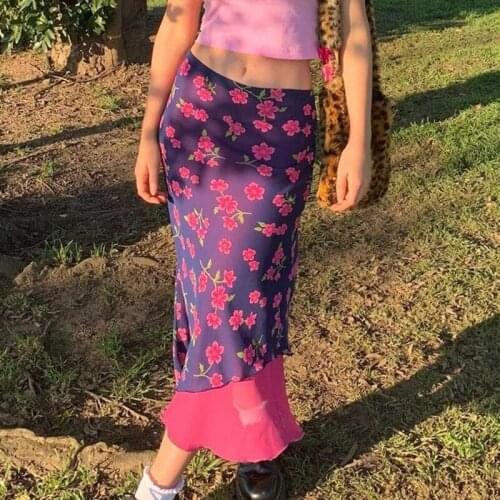 Floral Printed Chiffon Long Skirt Y2k Clothes Egirl Indie Aesthetic Vintage Skirts Fairy Grunge Bottoms