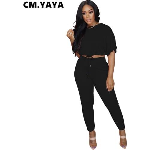 CM.YAYA Women Set Solid Short Sleeve Drawstring Crop Tops Pockets Pencil Pants 2 Two Piece Sets Active Tracksuit Outfit Summer